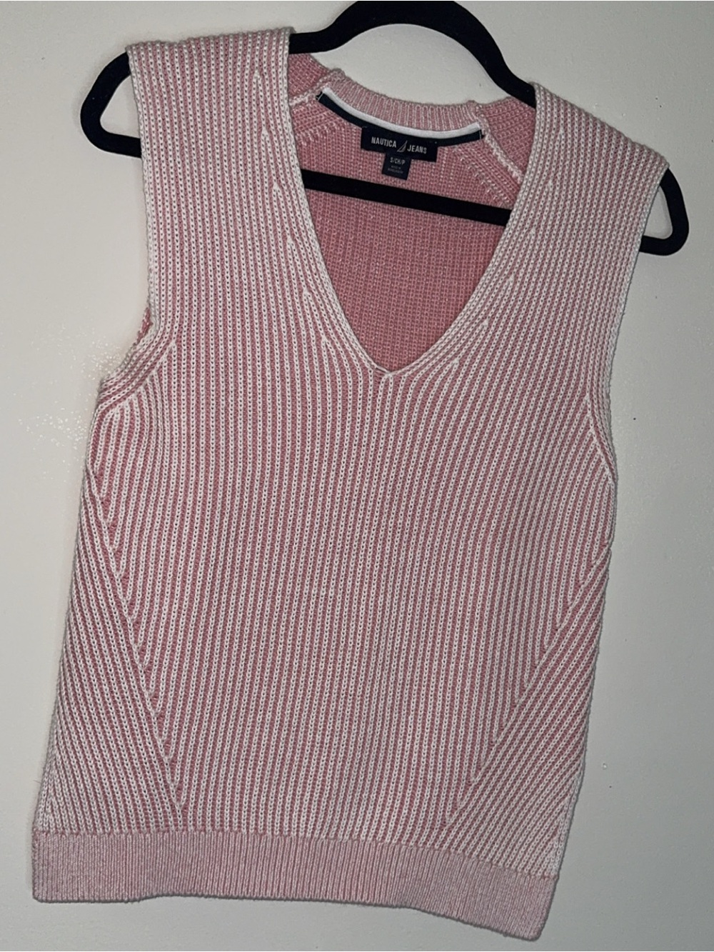 Nautica Blush Pink / White Ribbed V-Neck Sleeveless Sweater